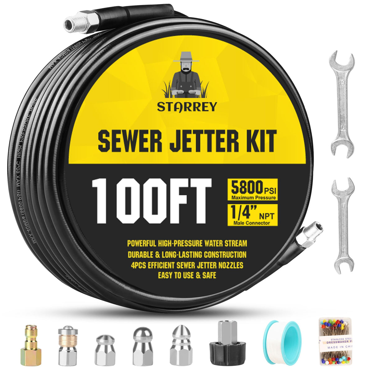 STARREY drain jetter kit with 100ft hose for tough pipe clogs