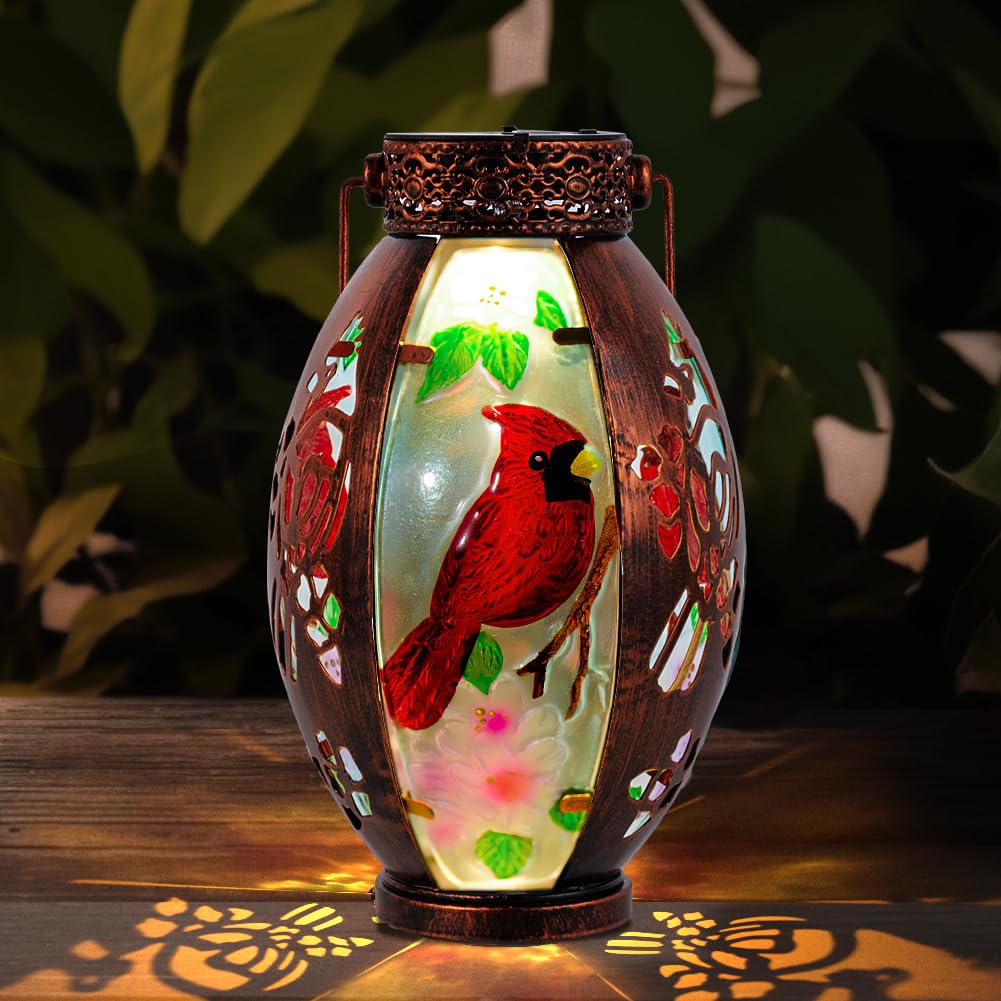 Starsoul Cardinal Lantern with stained glass adds colorful outdoor charm.