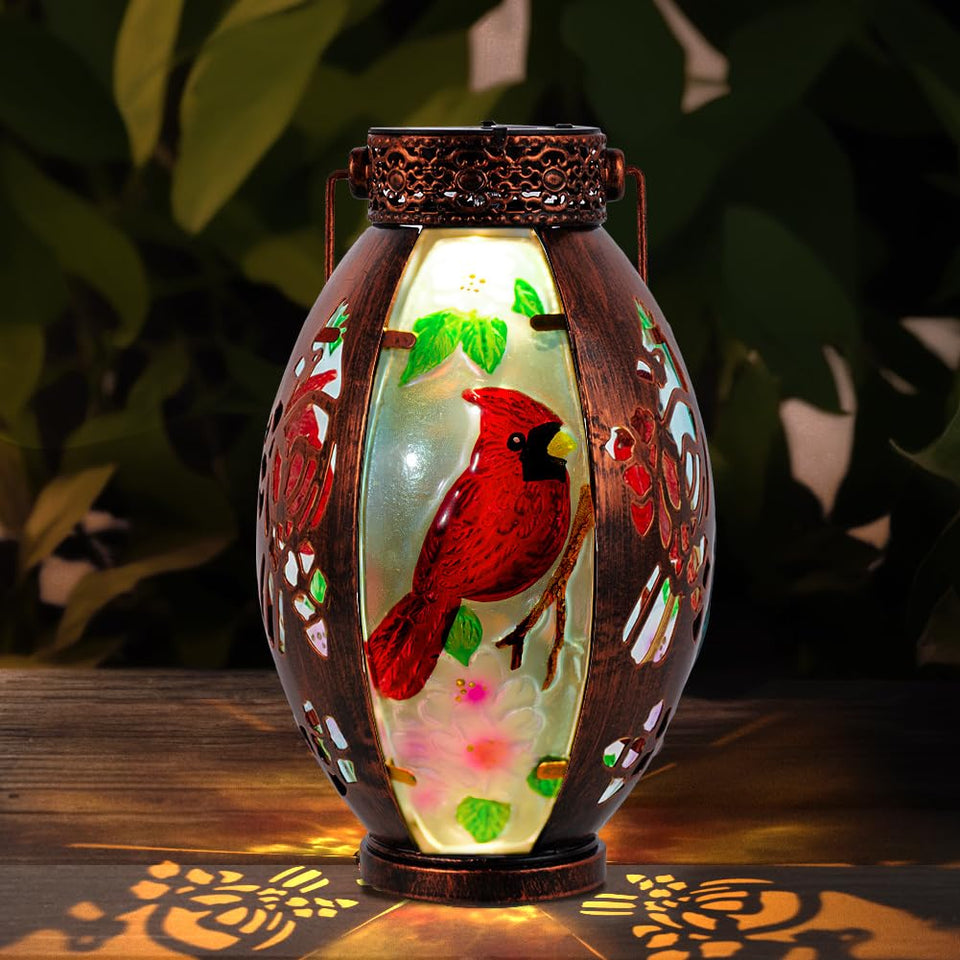 Starsoul Cardinal Lantern with stained glass adds colorful outdoor charm.