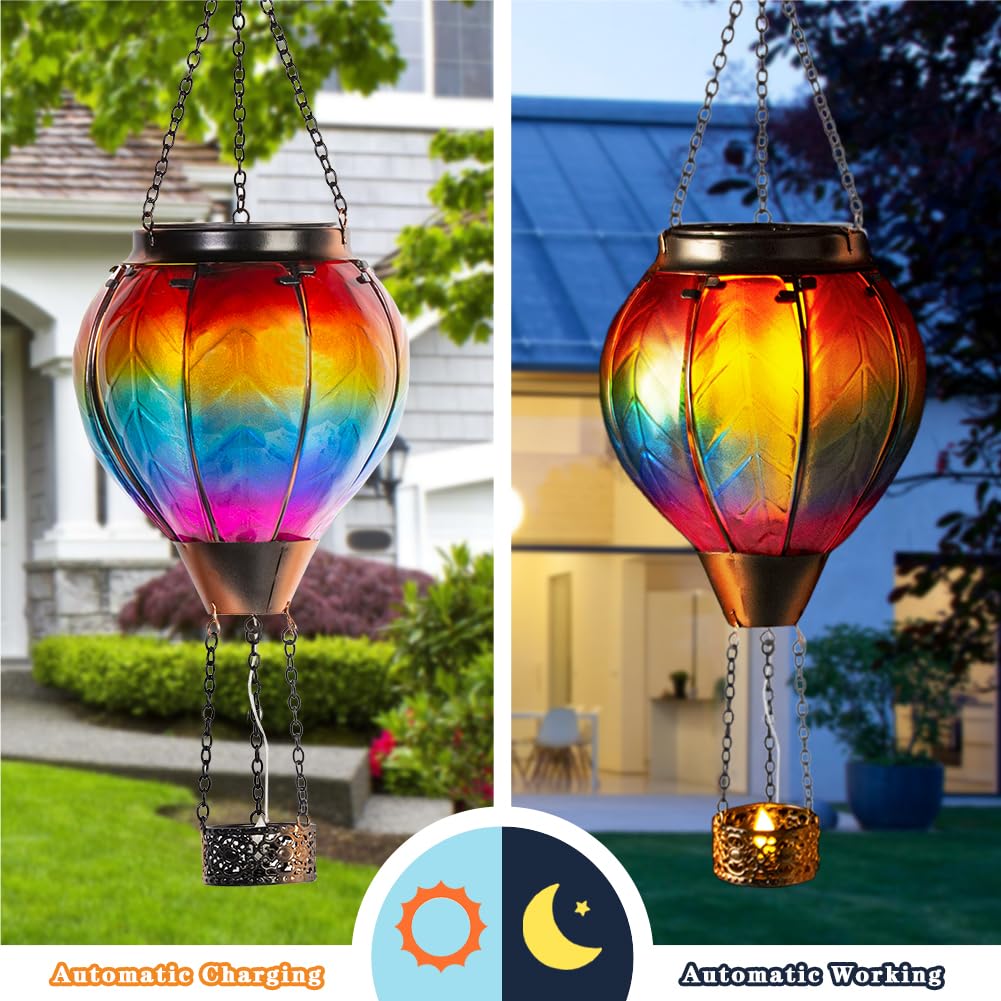 Starsoul hanging solar lantern with flickering flame glow enhances the patio.