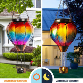 Starsoul hanging solar lantern with flickering flame glow enhances the patio.