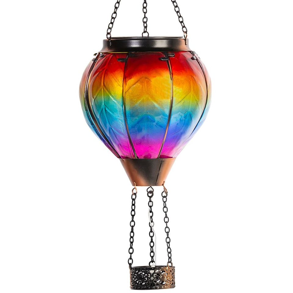 Starsoul hot air balloon solar lantern with glass shade lights the garden at night.