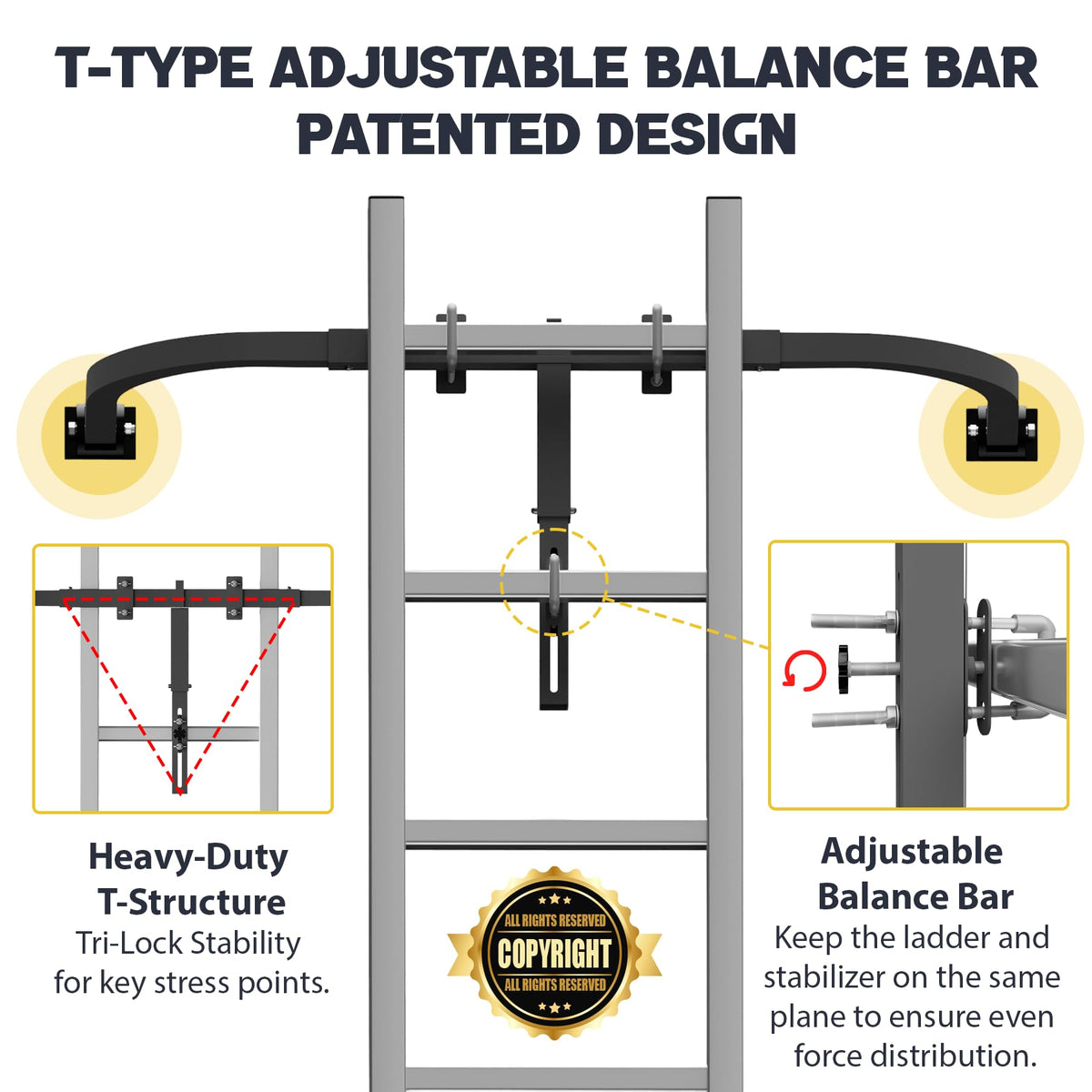 Startingtool stabilizer with adjustable U-bolt fits most ladders for versatile setups