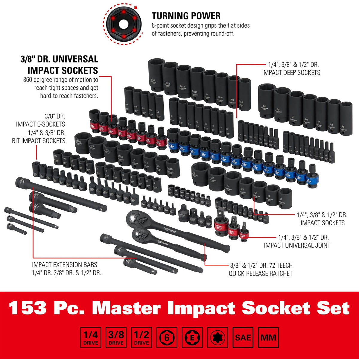 STARWORK True Mechanic extension bar 3/8-inch enables deeper reach in tight spaces.