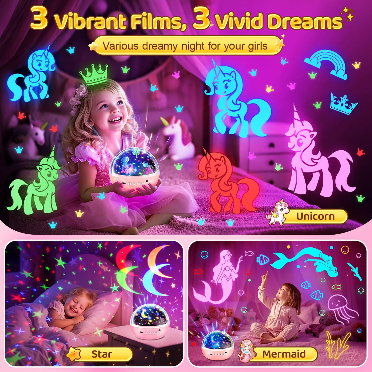 Staryou 360-degree rotating unicorn light fills the room with motion.