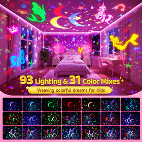 Staryou ceiling projection casts unicorns, stars, and mermaids on walls.