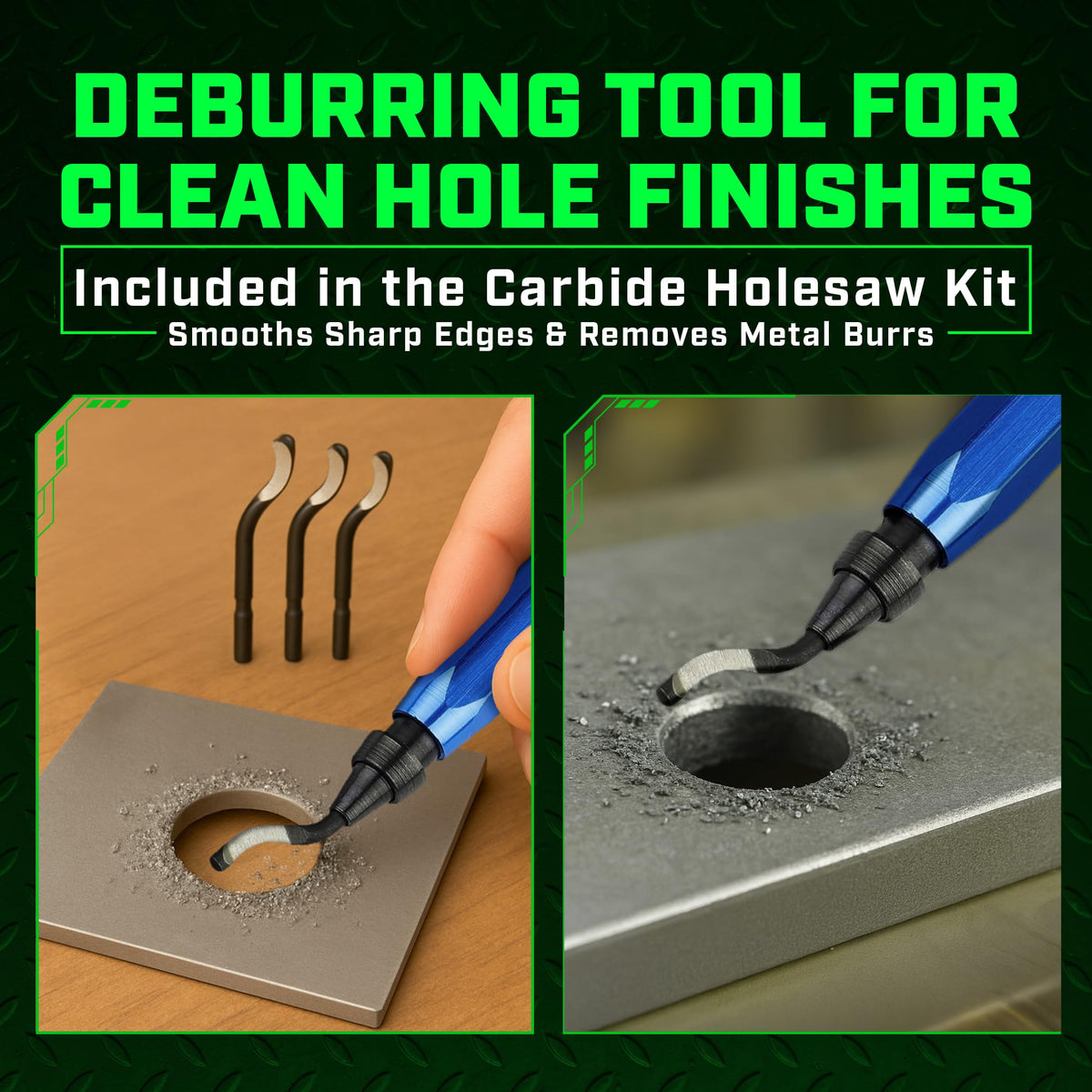 Deburring tool and 4 extra blades for refined finishes.