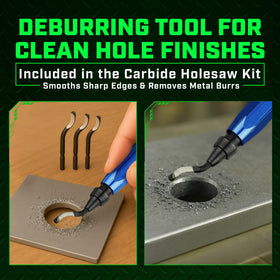 Deburring tool and 4 extra blades for refined finishes.