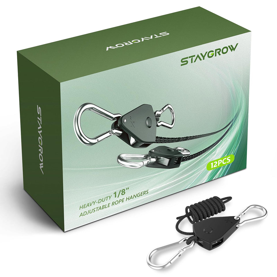 STAYGROW 12-pack adjustable rope hanger close-up showing secure ratchet mechanism
