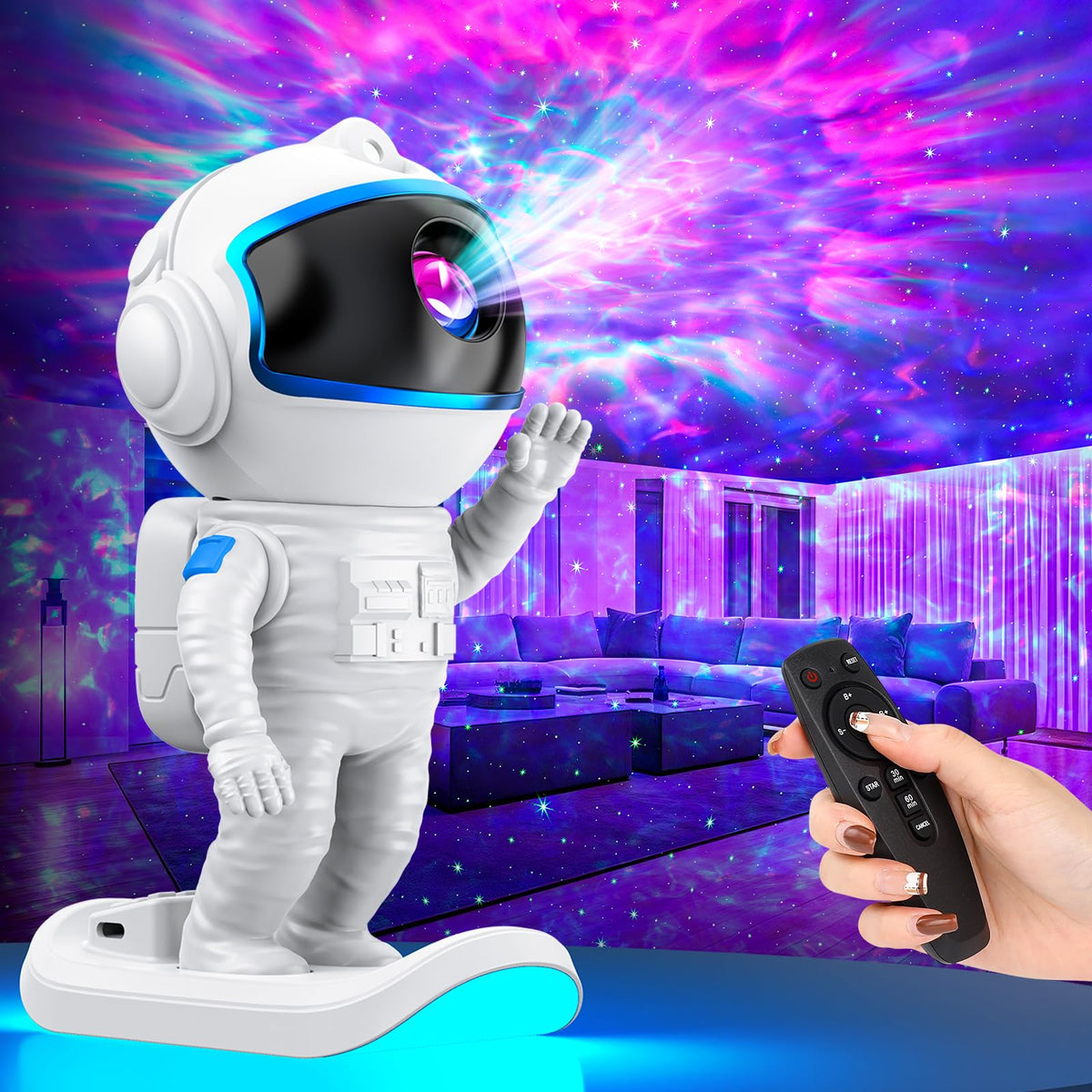 Stbands Galaxy Projector with astronaut design projects immersive celestial scenes for bedtime ambiance.