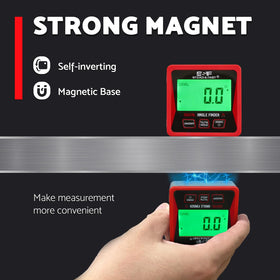 Stead & Fast digital protractor measures absolute and relative angles for woodworking.
