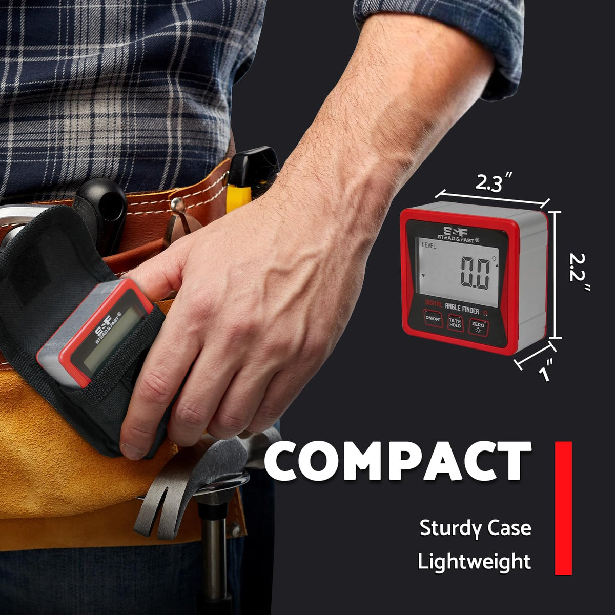 Stead & Fast aluminum frame angle gauge, compact and portable for on-site use.
