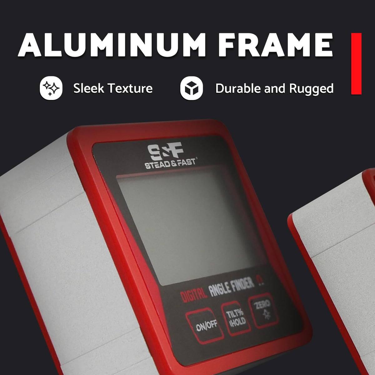 Stead & Fast angle finder with magnetic base on a table saw for quick setup.