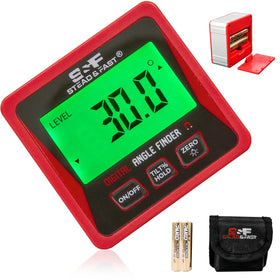 Stead & Fast digital angle finder gauge with magnetic base, LCD display for precise readings.
