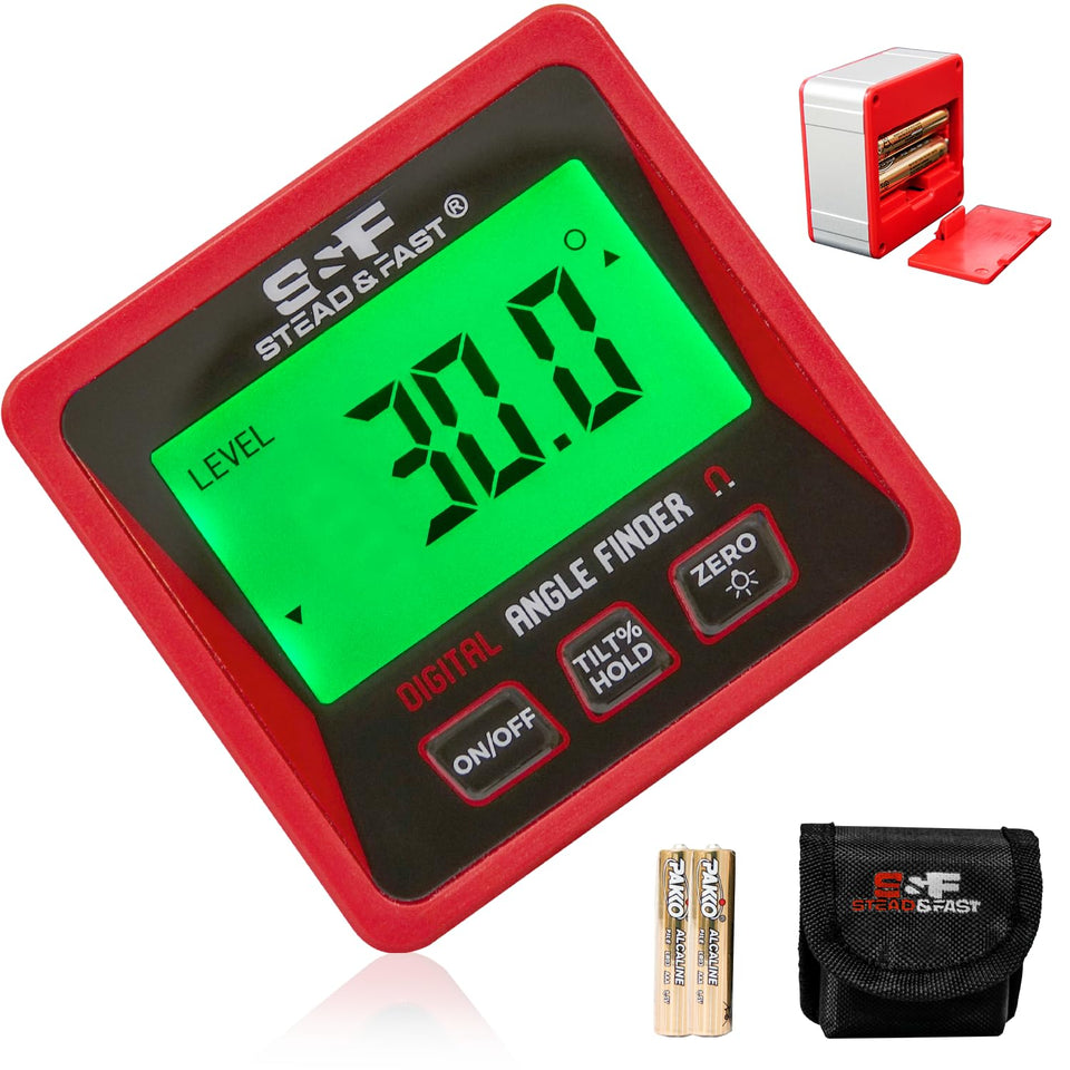 Stead & Fast digital angle finder gauge with magnetic base, LCD display for precise readings.