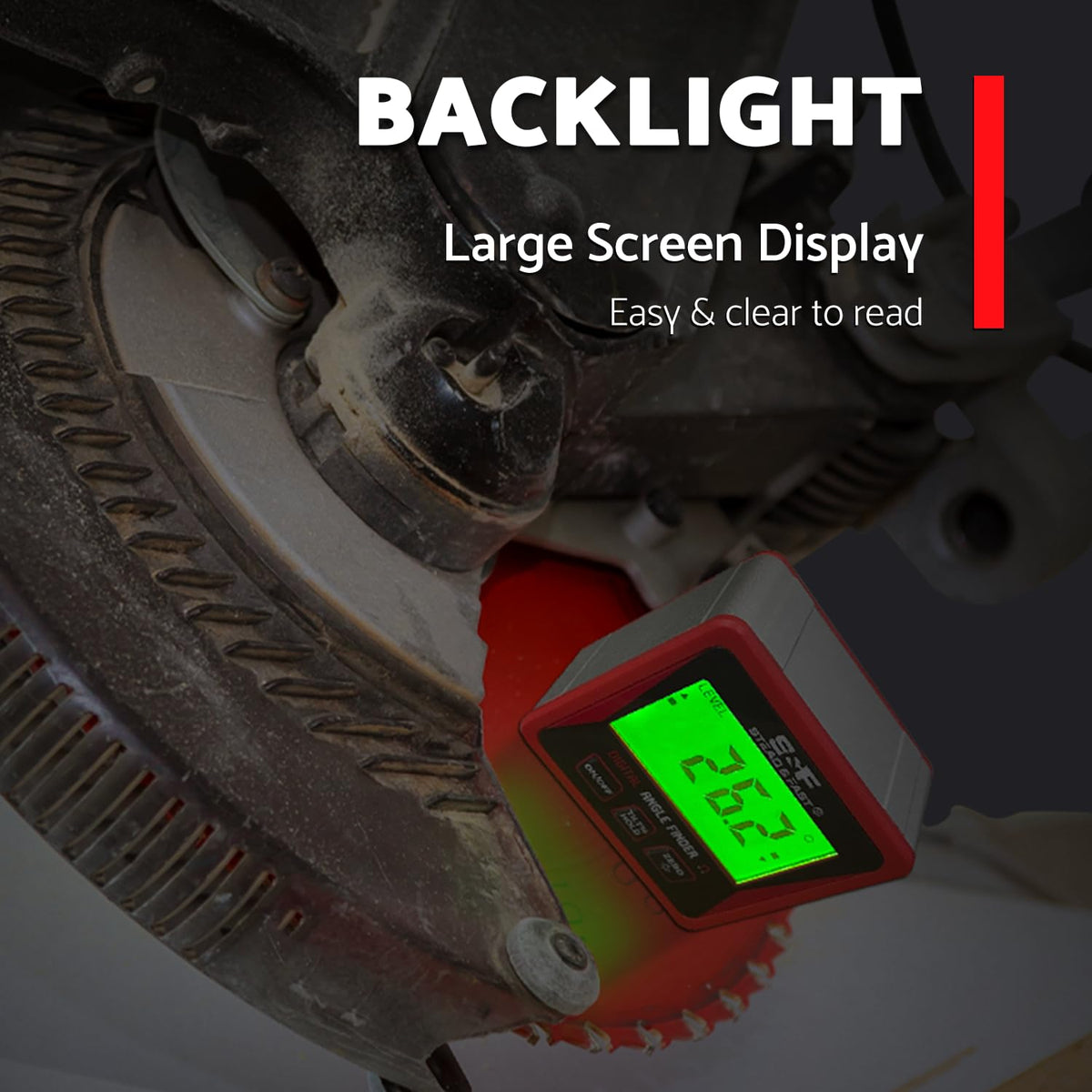 Stead & Fast inclinometer with backlit LCD for easy readings in low light.