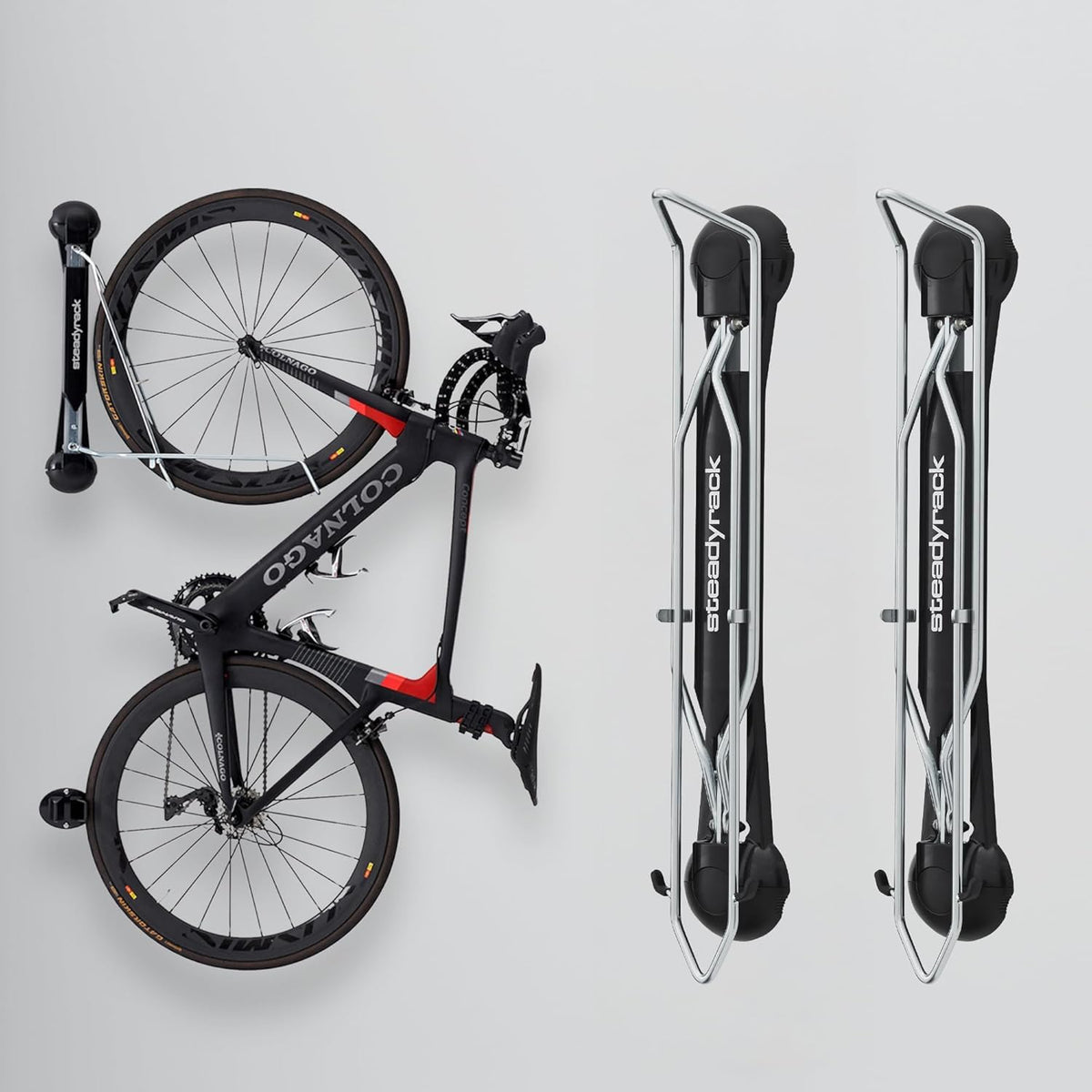 Steadyrack roll-in storage for effortless parking of bikes.