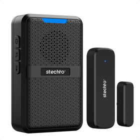 STECHRO wireless door chime receiver plugged in with LED indicator lighting
