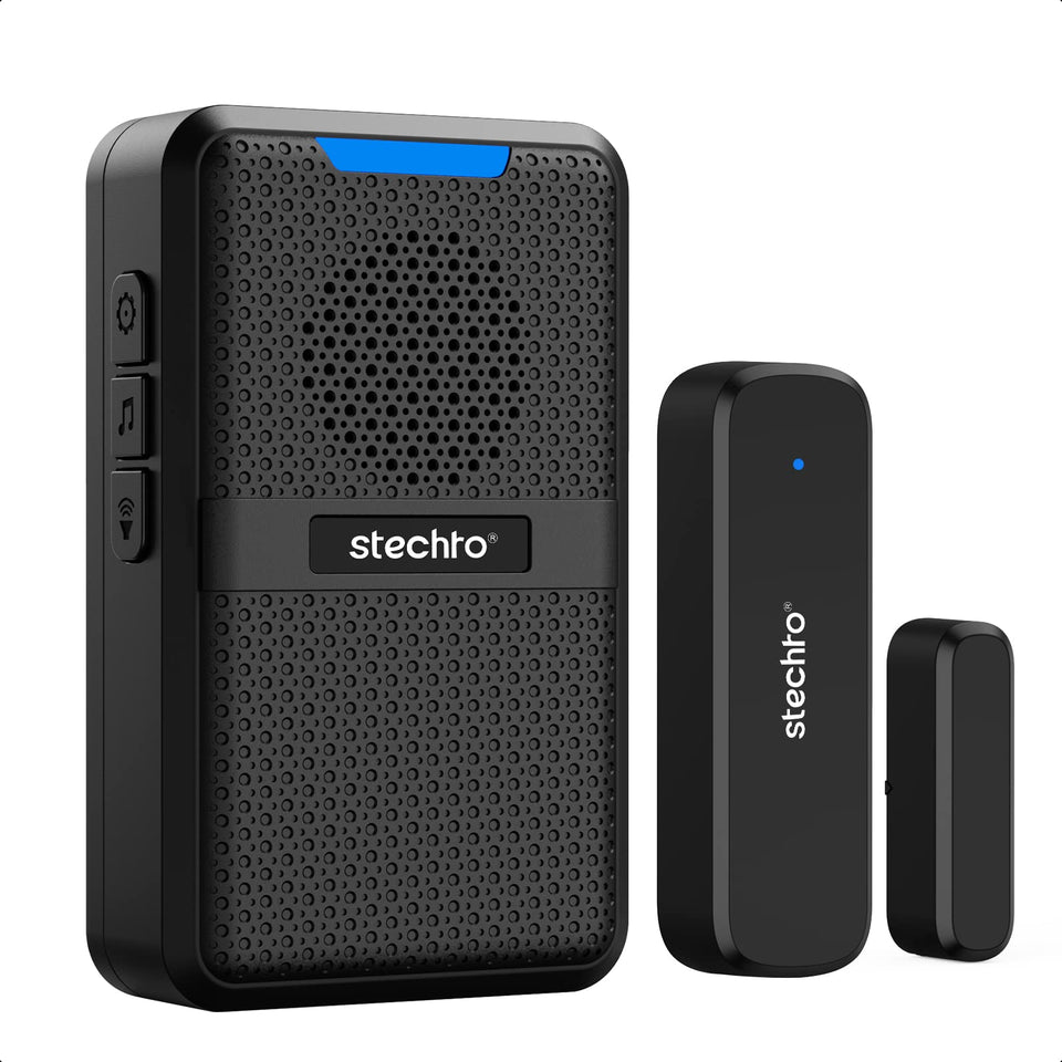 STECHRO wireless door chime receiver plugged in with LED indicator lighting