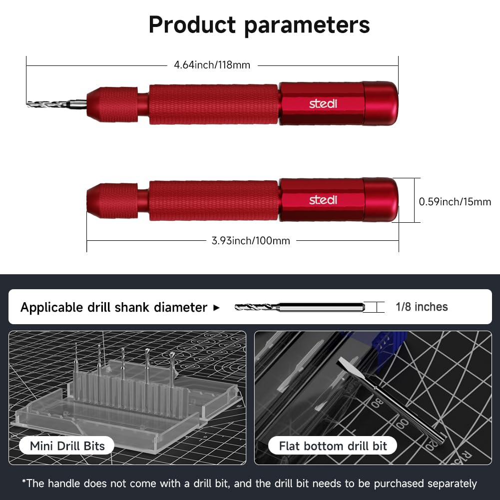 Stedi Manual Pin Vise Drill expandable capacity covers a wide drill size range.