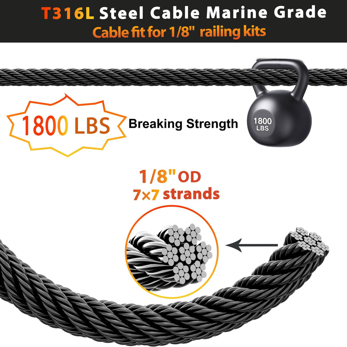 Steel DN Mate 1-8in T316L stainless steel cable close-up for durability.
