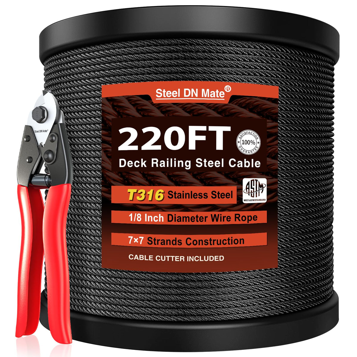 Steel DN Mate 220ft black wire rope coil suitable for outdoor projects.