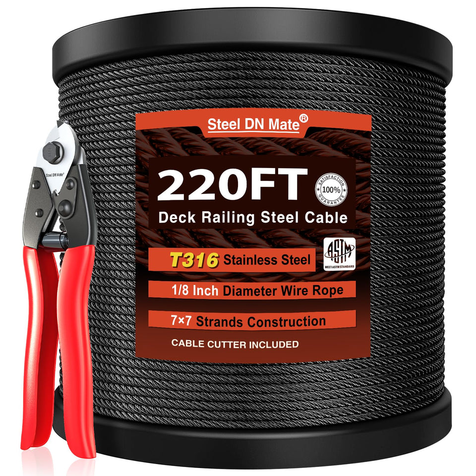 Steel DN Mate 220ft black wire rope coil suitable for outdoor projects.