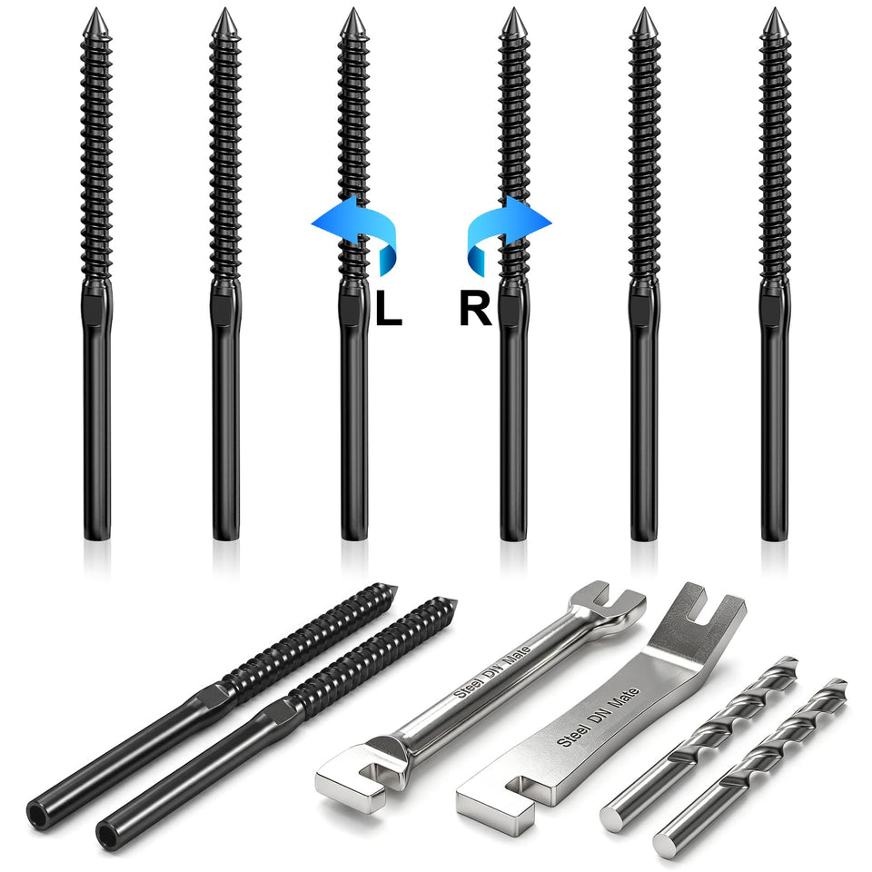 Steel DN Mate DM45 left-hand swage lag screw on wood post for deck railing