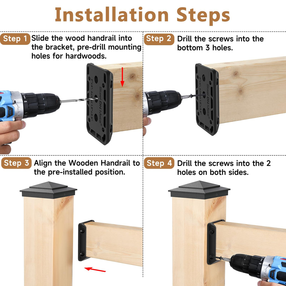 Steel DN Mate hardened screws and drill bit included for rust resistance.
