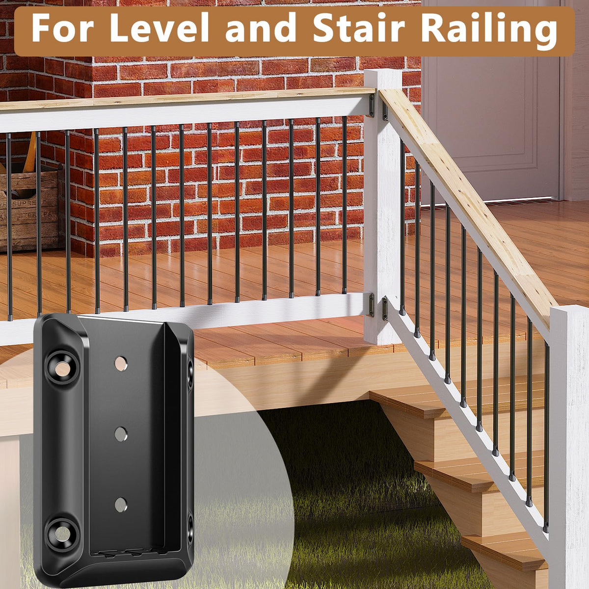 Steel DN Mate brackets with curved finish enhance porch rail aesthetics and stability.