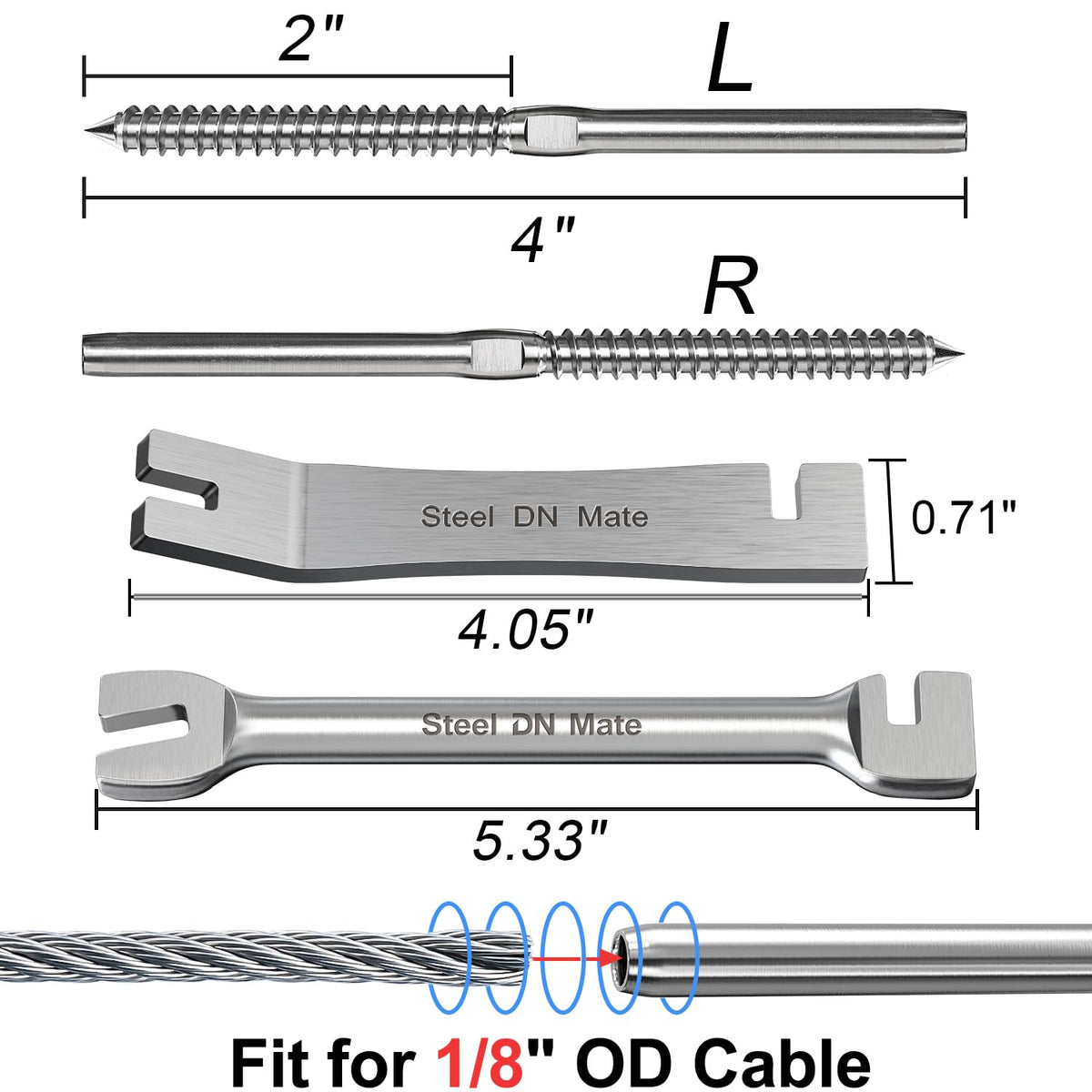 Steel DN Mate 316 stainless swage screws fit 1/8 inch cable for durable outdoor railing