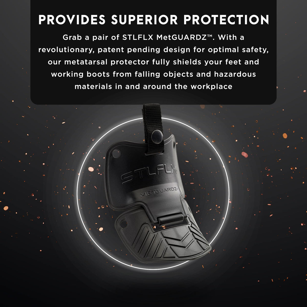 Steel-Flex MetGUARDZ strap attachment on safety footwear for quick transfer.