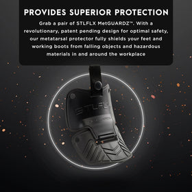 Steel-Flex MetGUARDZ strap attachment on safety footwear for quick transfer.