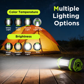 Steelite emergency light with telescopic pole extended for flexible campsite setup.