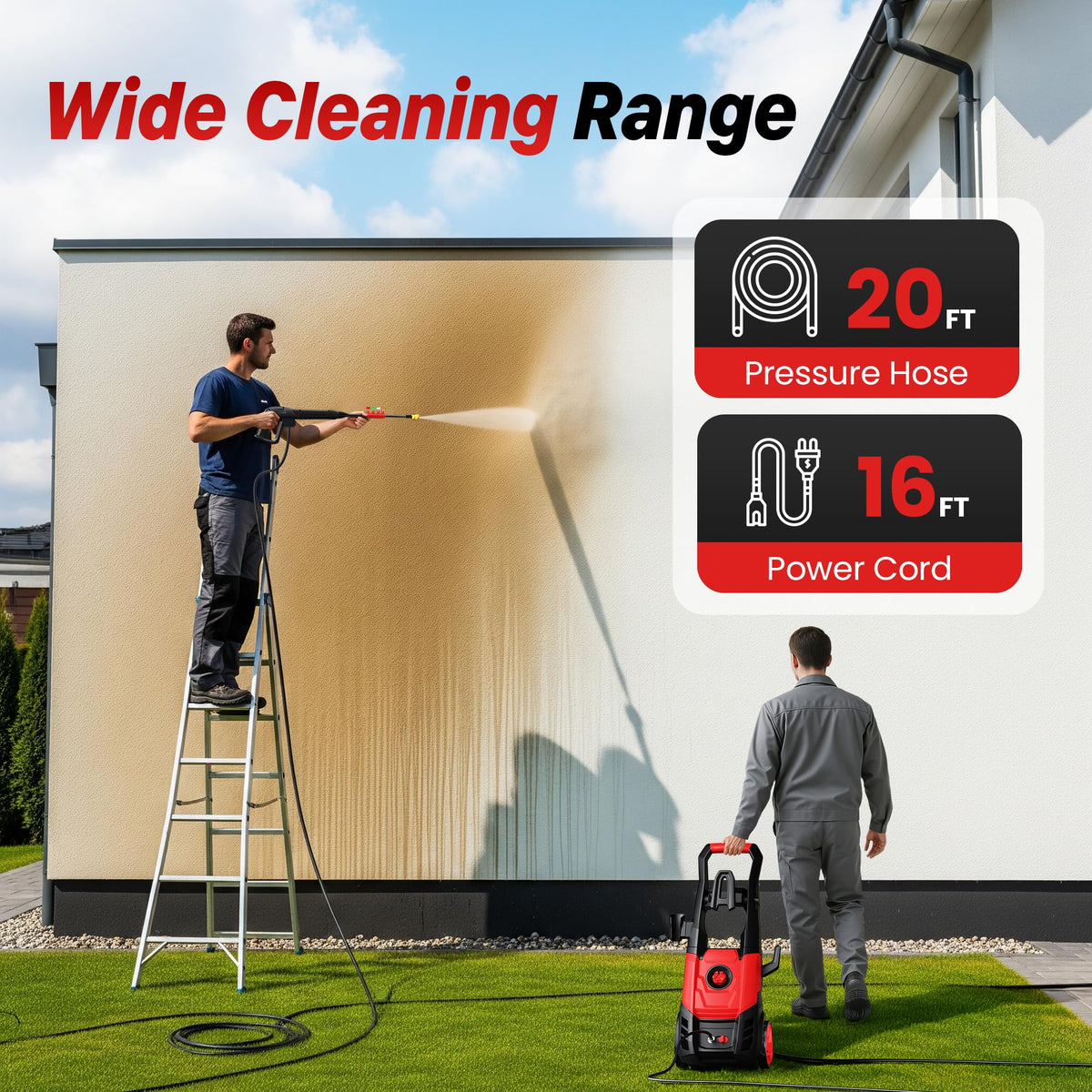 Steelite electric pressure washer 15° nozzle broadens reach for medium surfaces.