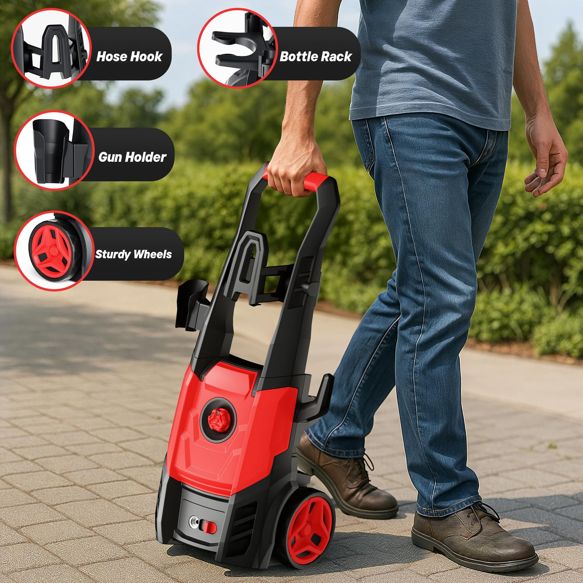 Steelite electric pressure washer includes 16ft cord for easy setup.