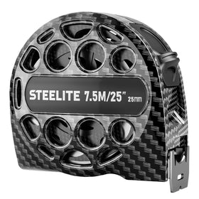 Steelite 25ft tape measure blade closeup showing sharp, precise markings for accurate layouts.
