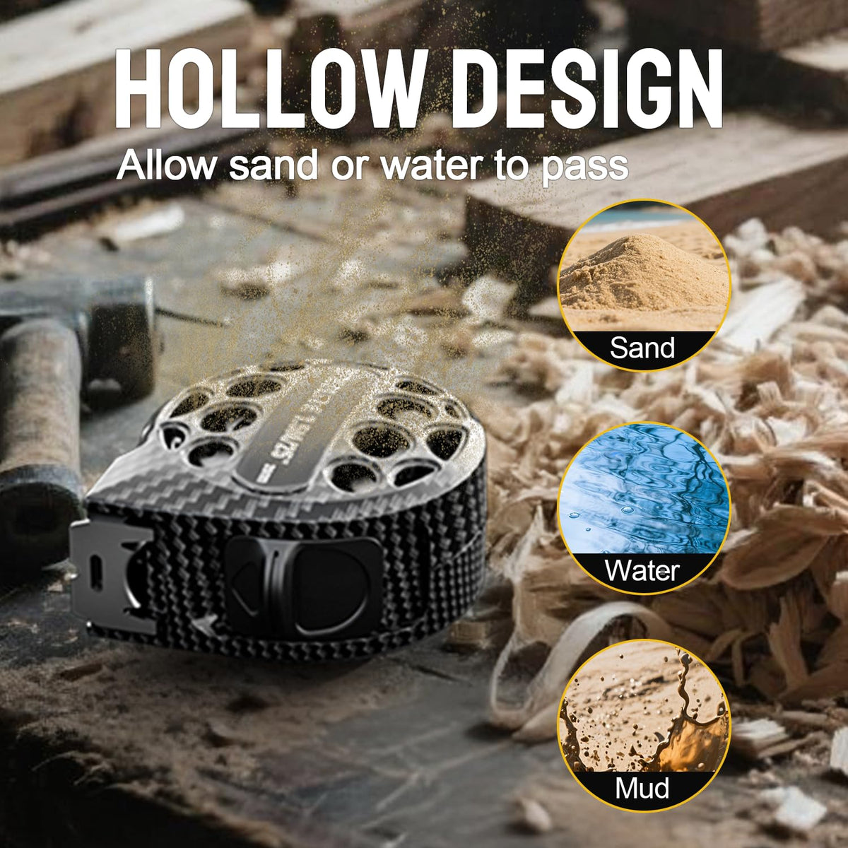 Steelite hollow-design tape measure reduces weight for comfortable one-handed use.