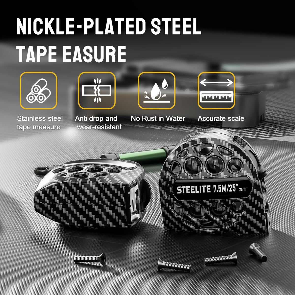 Steelite 25ft retractable tape with lock button ensures stable measurements.