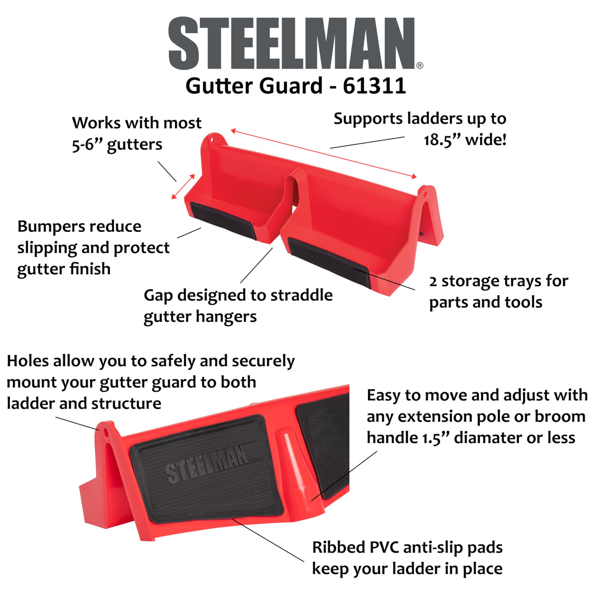 Steelman gutter guard ladder stabilizer side view highlighting wide gutter compatibility