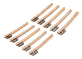 Steelman stainless steel wire brush with wood handle close-up for rust removal.