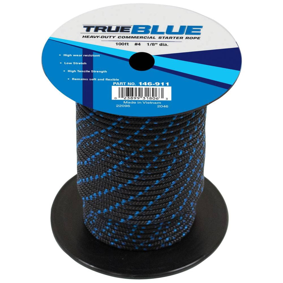 Stens Trueblue 100 ft starter rope on branded spool for durable, low-stretch performance
