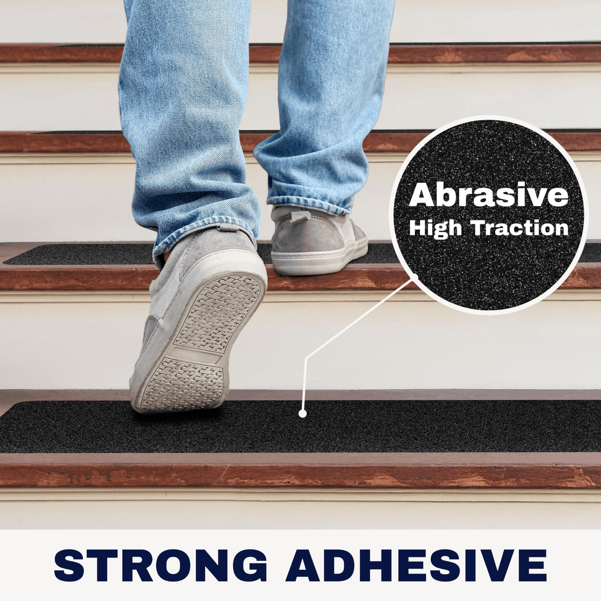 STEPCORE 80-grit adhesive stair strips for 30in-6in coverage.