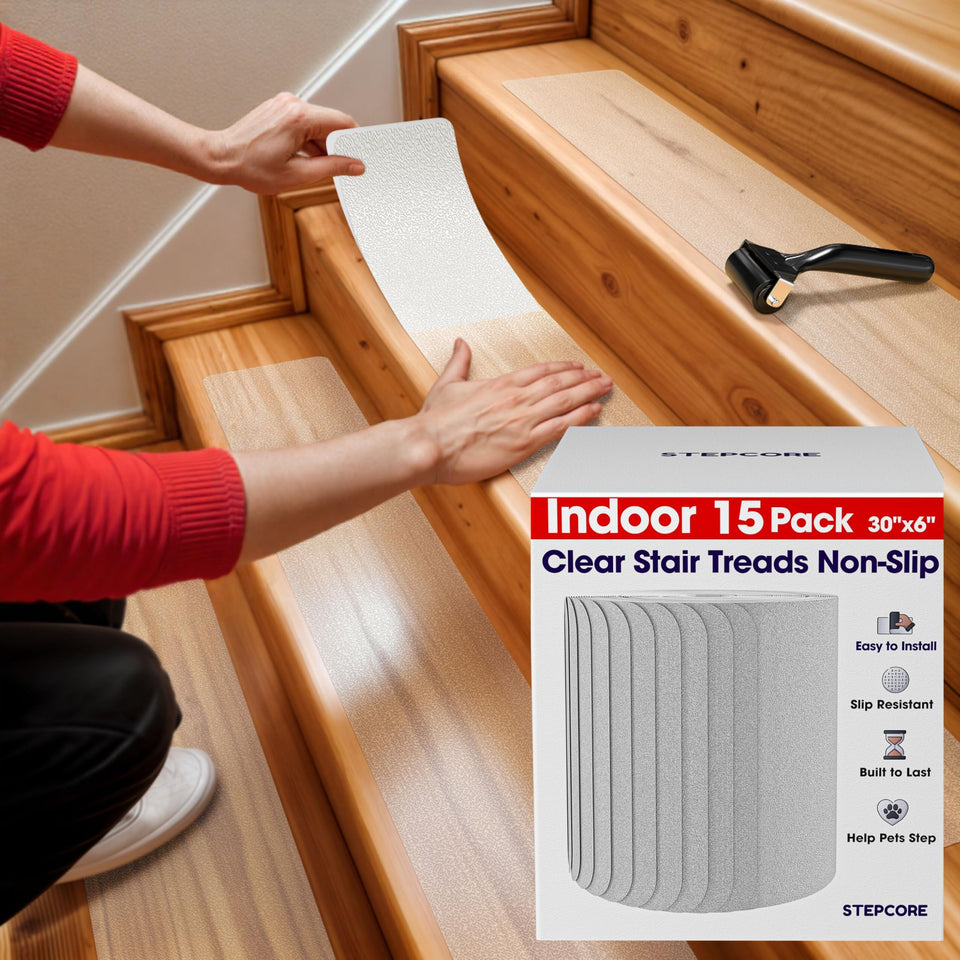 STEPCORE clear tread on wood stair showing discreet grip on indoor steps