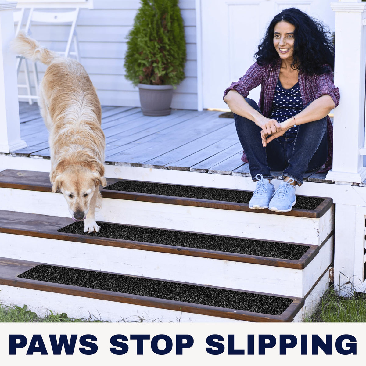 STEPCORE easy-install stair strips 30in-6in bond to wood, concrete, metal.