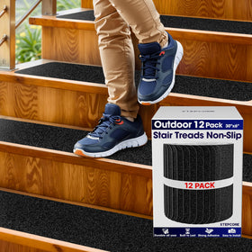 STEPCORE outdoor stair treads 30in-6in pack on wooden stairs.