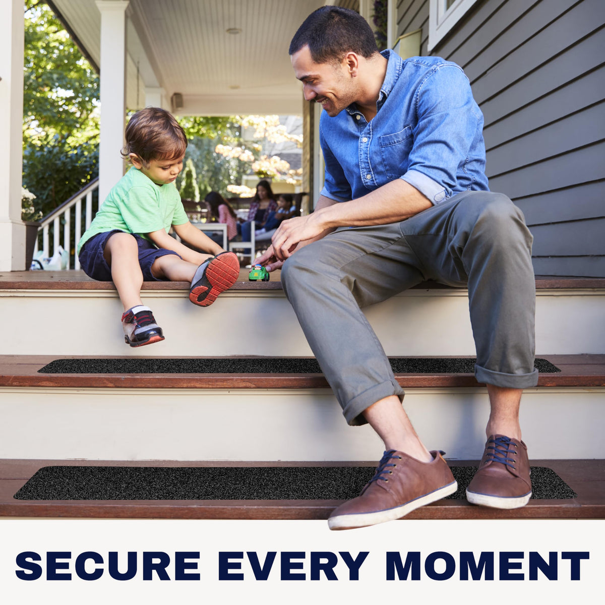 STEPCORE waterproof non-slip strips 30in-6in on deck stairs.