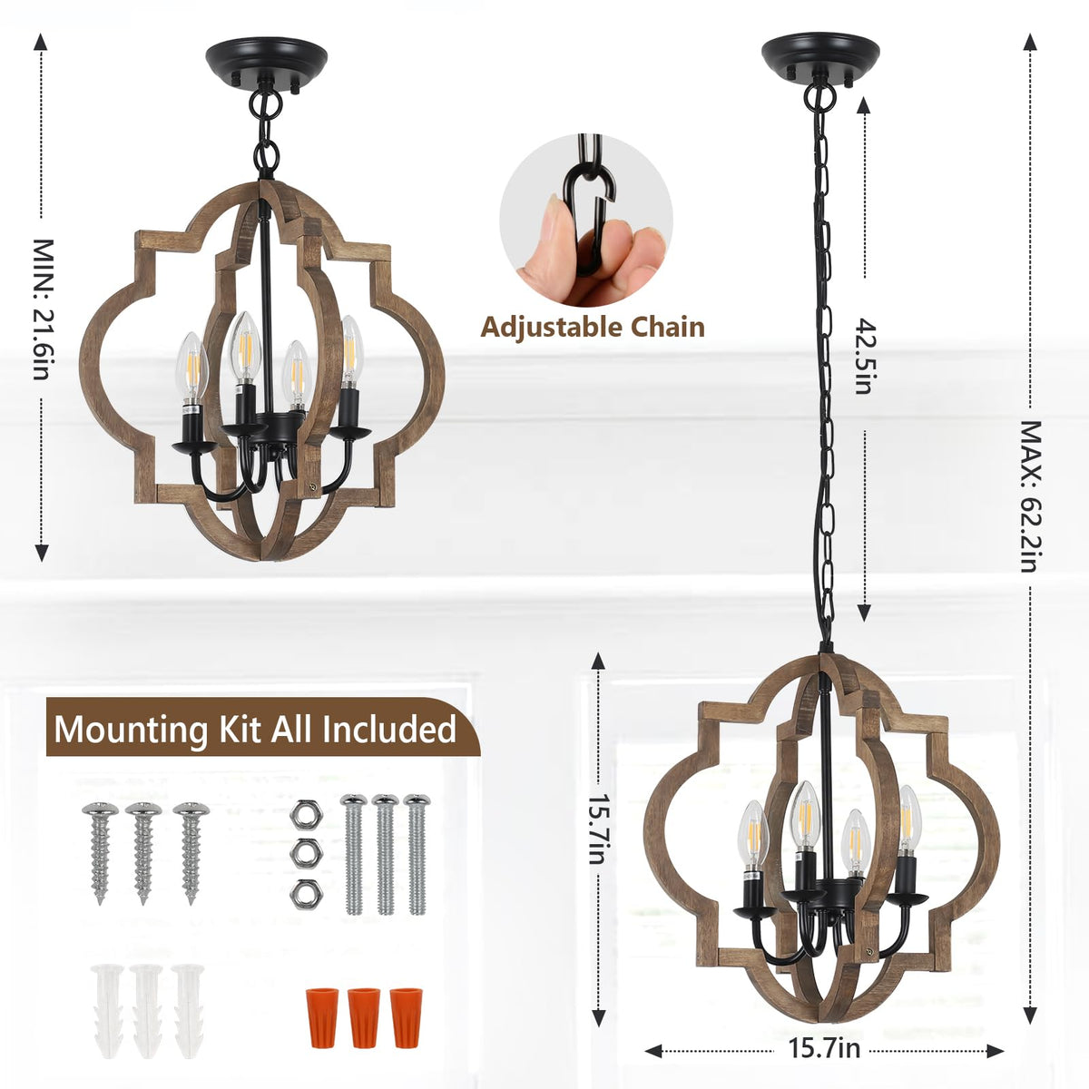 Stepeak adjustable chain enables flexible hanging height for any ceiling.