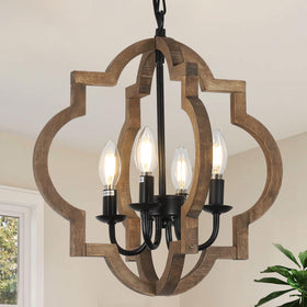Stepeak farmhouse chandelier with wood frame adds warm rustic charm to dining room.
