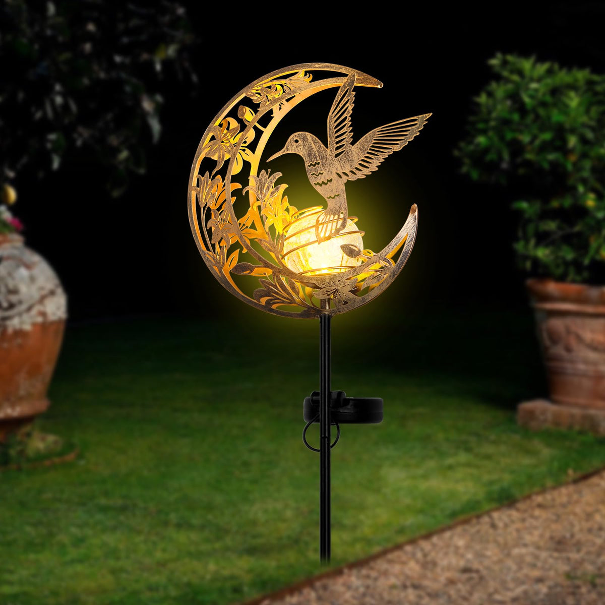 STF ShangTianFeng solar hummingbird moon light marks a walkway with warm light.